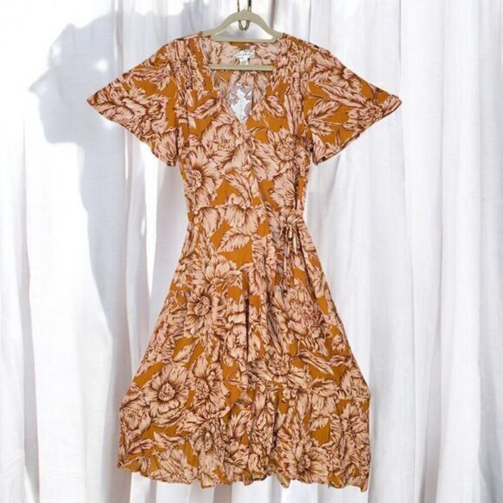 Floral Wrap Midi Dress in Mustard